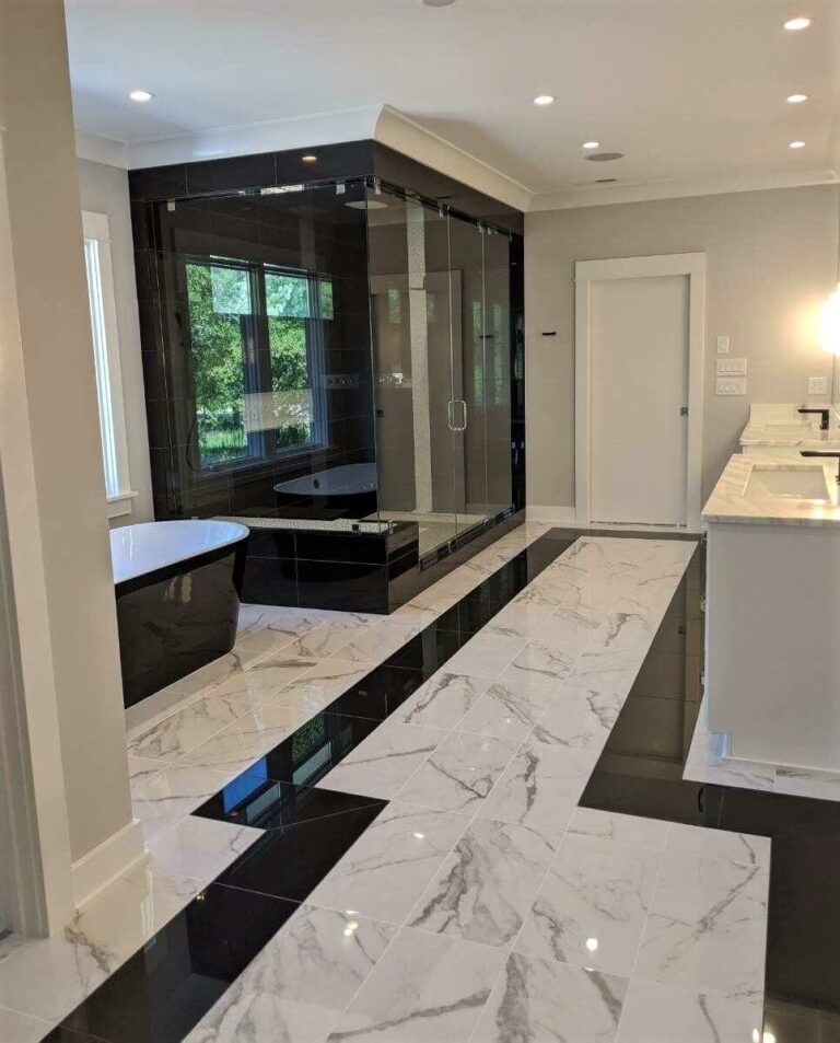 Black and White Bathroom Floor and Shower Install